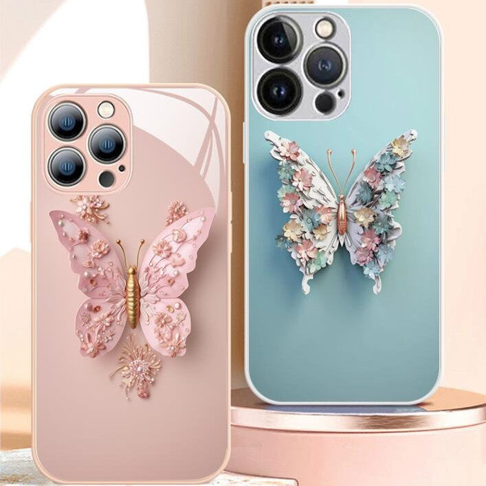 Cover per iPhone in vetro con motivo a farfalla 3D piatta