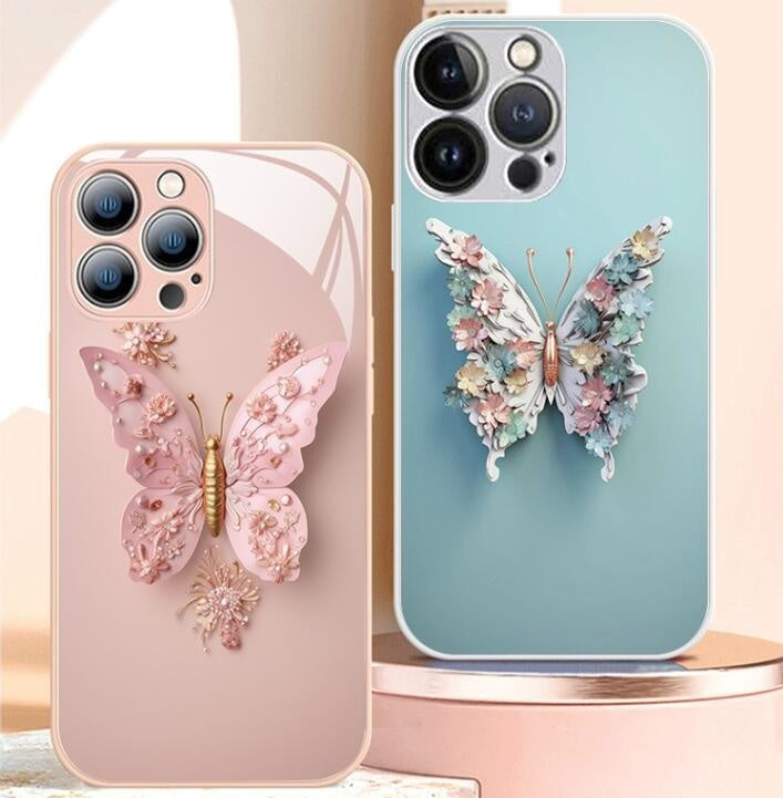 Cover per iPhone in vetro con motivo a farfalla 3D piatta