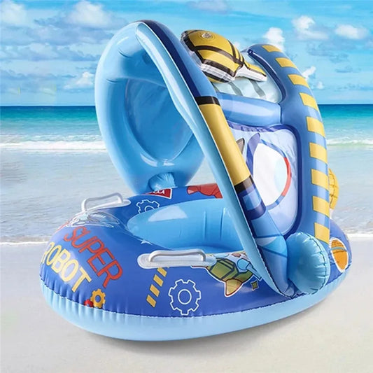 Baby Floating Water Toys - Inflatable Swimming Seat with Sunshade, Circle Swim Ring for Pool & Beach