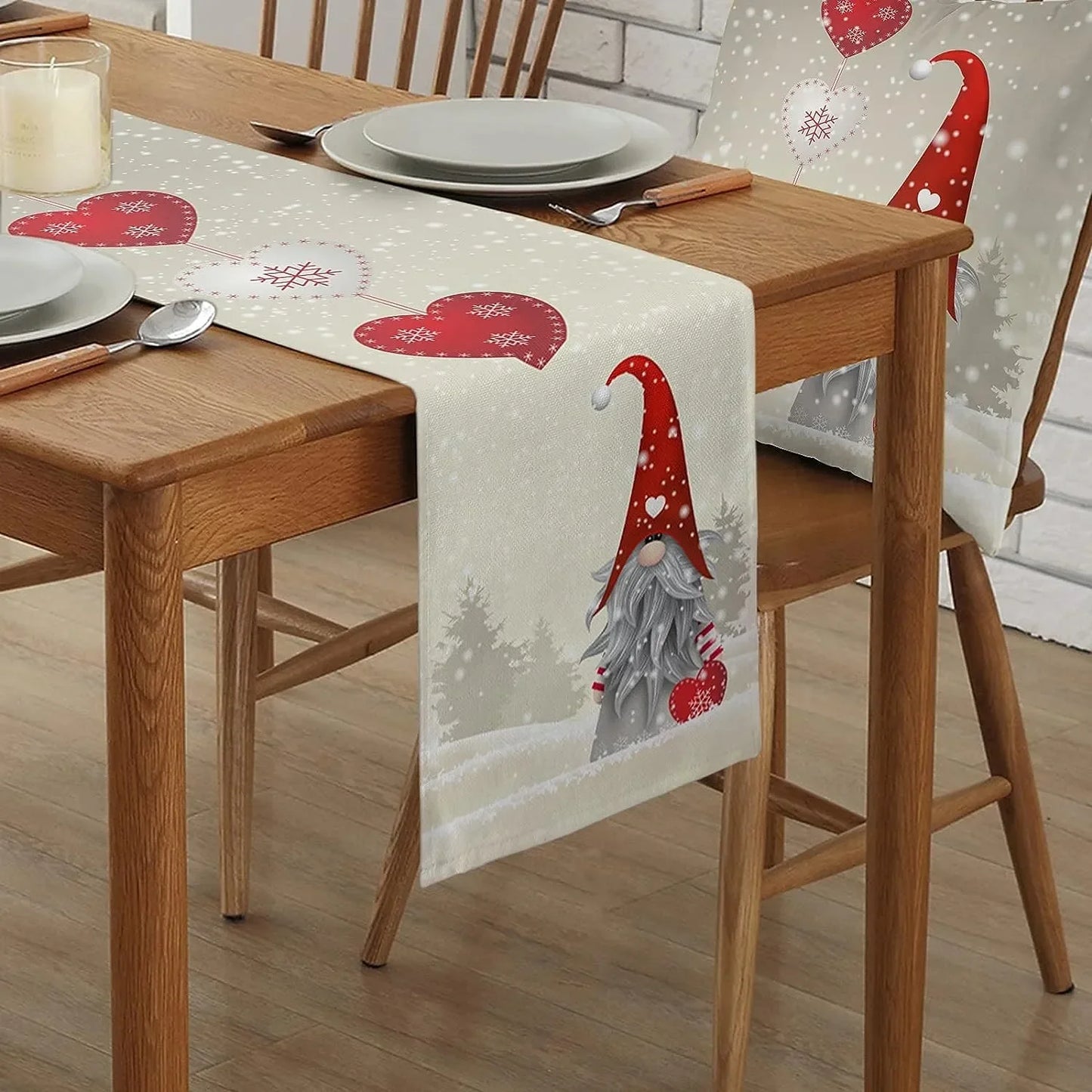 Christmas Snowflakes Gnome Linen Table Runner