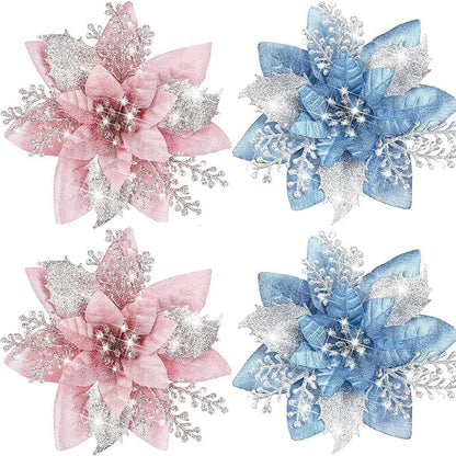 Magic shop Pink - Light Blue / 40PCS-4Pack Glitter Christmas Flowers for Tree 14cm - 2024  Christmas Decorations